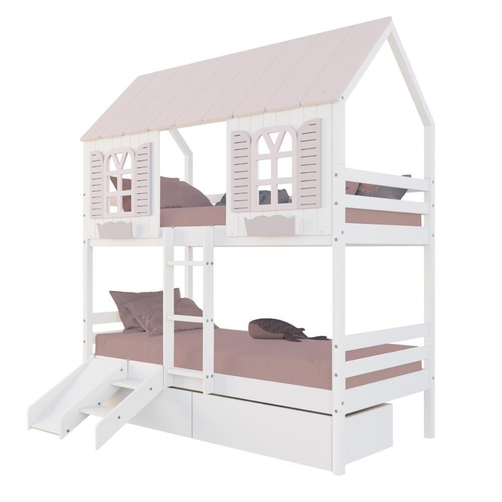 Beliche Casinha Bela Com 2 Gavetas Kit Escada/escorregador - Madeira Maciça Branco/rosa Housin - 2