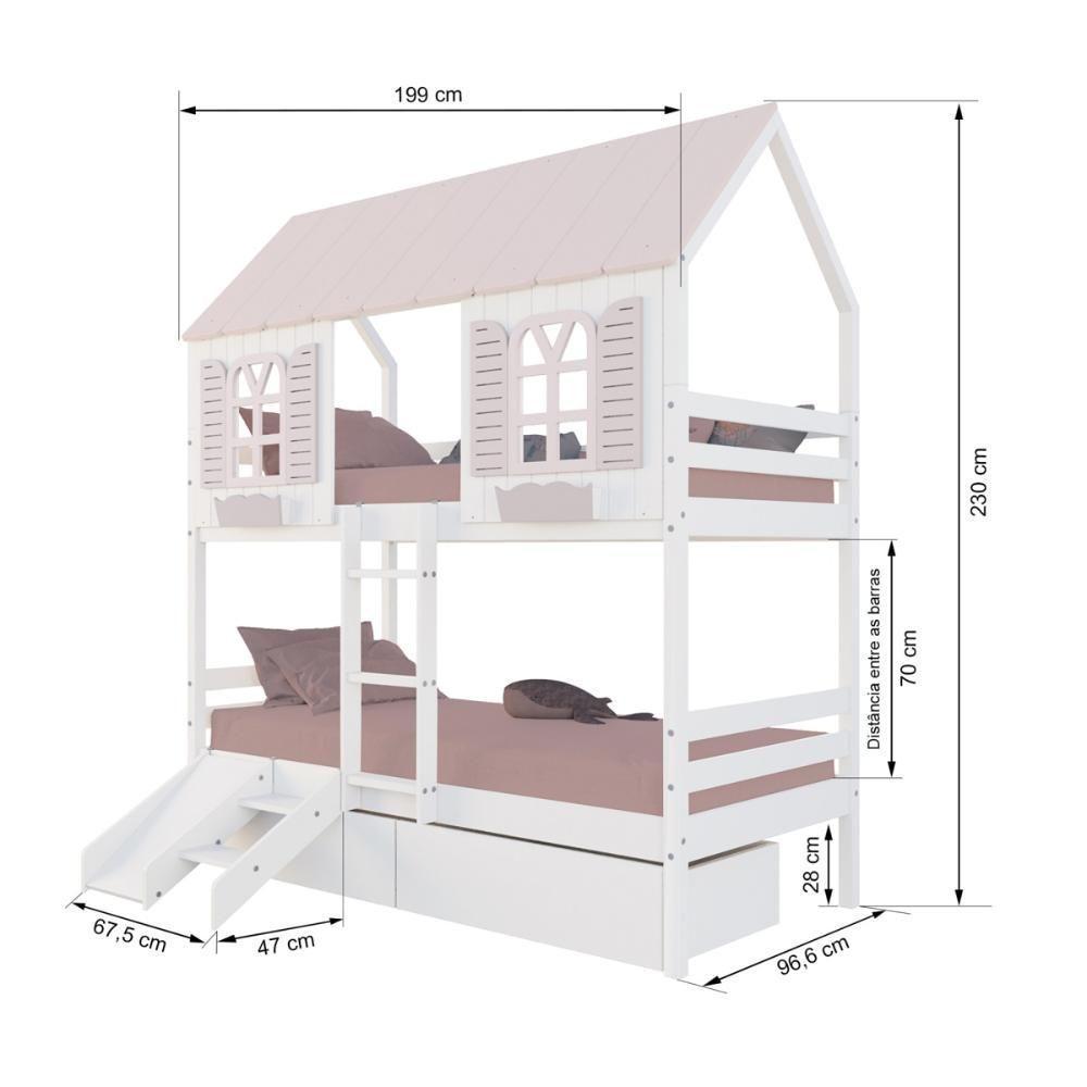 Beliche Casinha Bela Com 2 Gavetas Kit Escada/escorregador - Madeira Maciça Branco/rosa Housin - 3