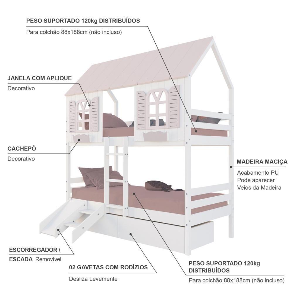 Beliche Casinha Bela Com 2 Gavetas Kit Escada/escorregador - Madeira Maciça Branco/rosa Housin - 4