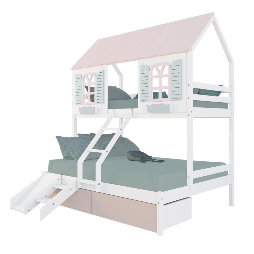 Beliche Casal/ Solteiro Casinha Bela 02 Gavetas Rosa Kit Escada/escorregador - Madeira Maciça Branco/rosa/verde Housin - 2