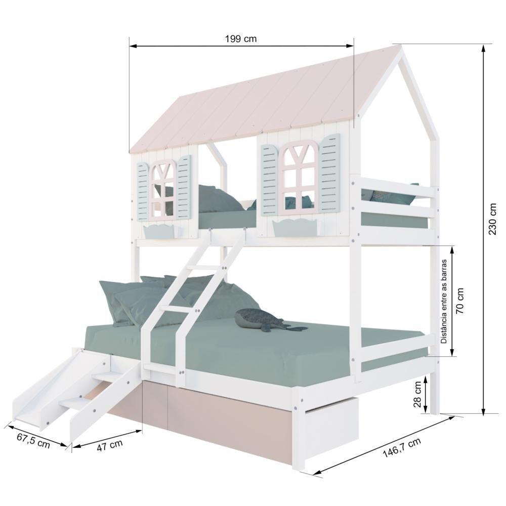 Beliche Casal/ Solteiro Casinha Bela 02 Gavetas Rosa Kit Escada/escorregador - Madeira Maciça Branco/rosa/verde Housin - 3