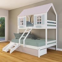Beliche Casal/ Solteiro Casinha Bela 02 Gavetas Rosa Kit Escada/escorregador - Madeira Maciça Branco/rosa/verde Housin - 1