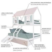 Beliche Casal/ Solteiro Casinha Bela 02 Gavetas Rosa Kit Escada/escorregador - Madeira Maciça Branco/rosa/verde Housin