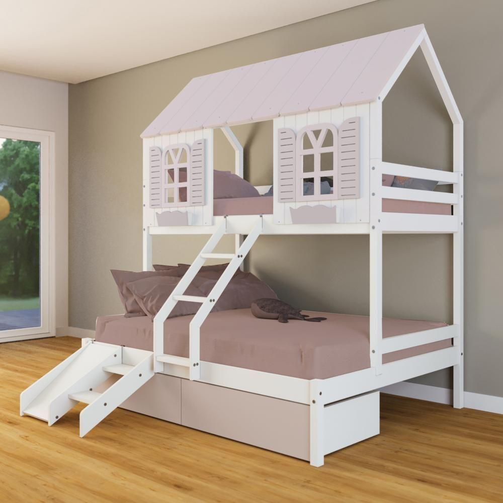 Beliche Casal/ Solteiro Casinha Bela 02 Gavetas Rosa Kit Escada/escorregador - Madeira Maciça Branco/rosa Housin - 1