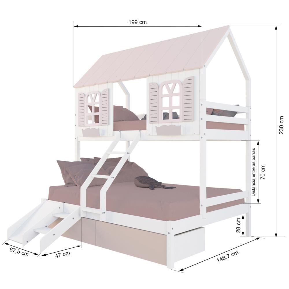 Beliche Casal/ Solteiro Casinha Bela 02 Gavetas Rosa Kit Escada/escorregador - Madeira Maciça Branco/rosa Housin - 3