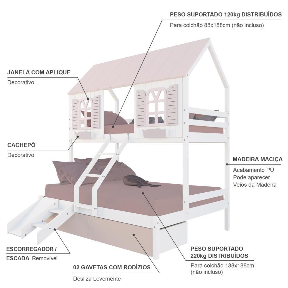 Beliche Casal/ Solteiro Casinha Bela 02 Gavetas Rosa Kit Escada/escorregador - Madeira Maciça Branco/rosa Housin - 4