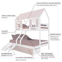 Beliche Casal/ Solteiro Casinha Bela 02 Gavetas Rosa Kit Escada/escorregador - Madeira Maciça Branco/rosa Housin