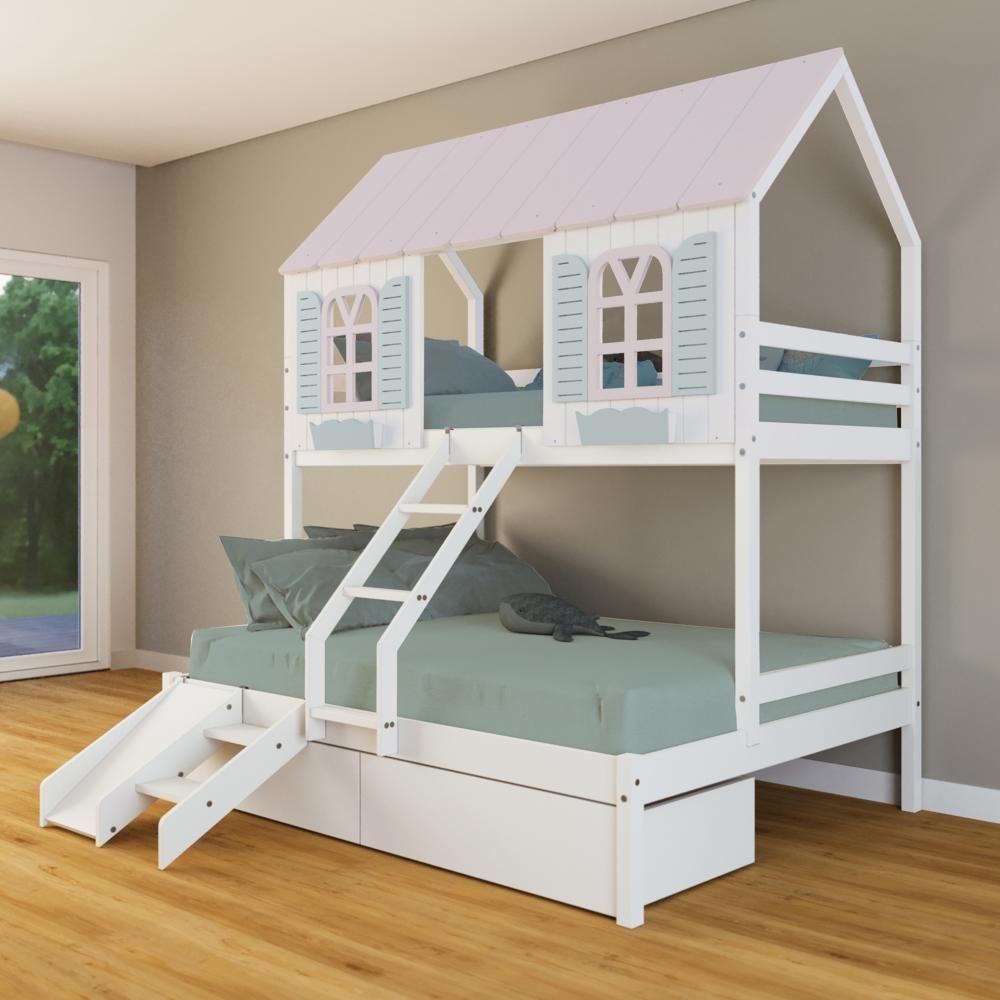 Beliche Casal/ Solteiro Casinha Bela 02 Gavetas Kit Escada/escorregador - Madeira Maciça Branco/rosa/verde Housin - 1