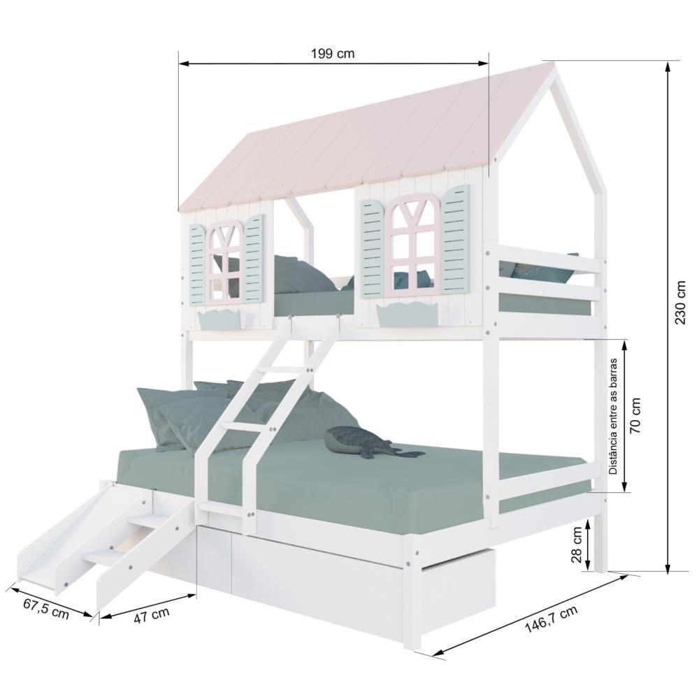 Beliche Casal/ Solteiro Casinha Bela 02 Gavetas Kit Escada/escorregador - Madeira Maciça Branco/rosa/verde Housin - 3