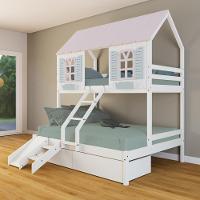 Beliche Casal/ Solteiro Casinha Bela 02 Gavetas Kit Escada/escorregador - Madeira Maciça Branco/rosa/verde Housin - 1