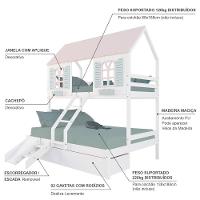 Beliche Casal/ Solteiro Casinha Bela 02 Gavetas Kit Escada/escorregador - Madeira Maciça Branco/rosa/verde Housin