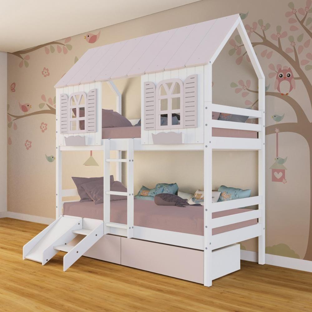 Beliche Casinha Bela Com 2 Gavetas Rosa Kit Escada/escorregador - Madeira Maciça Branco/rosa Housin - 1