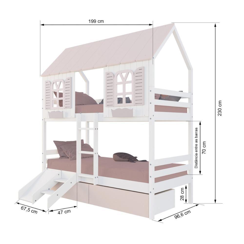 Beliche Casinha Bela Com 2 Gavetas Rosa Kit Escada/escorregador - Madeira Maciça Branco/rosa Housin - 3