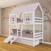 Beliche Casinha Bela Com 2 Gavetas Rosa Kit Escada/escorregador - Madeira Maciça Branco/rosa Housin - 1