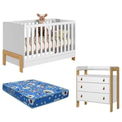 Conjunto Berço Americano Fantasia MDP e MDF com Colchão Espuma Branco Acetinado