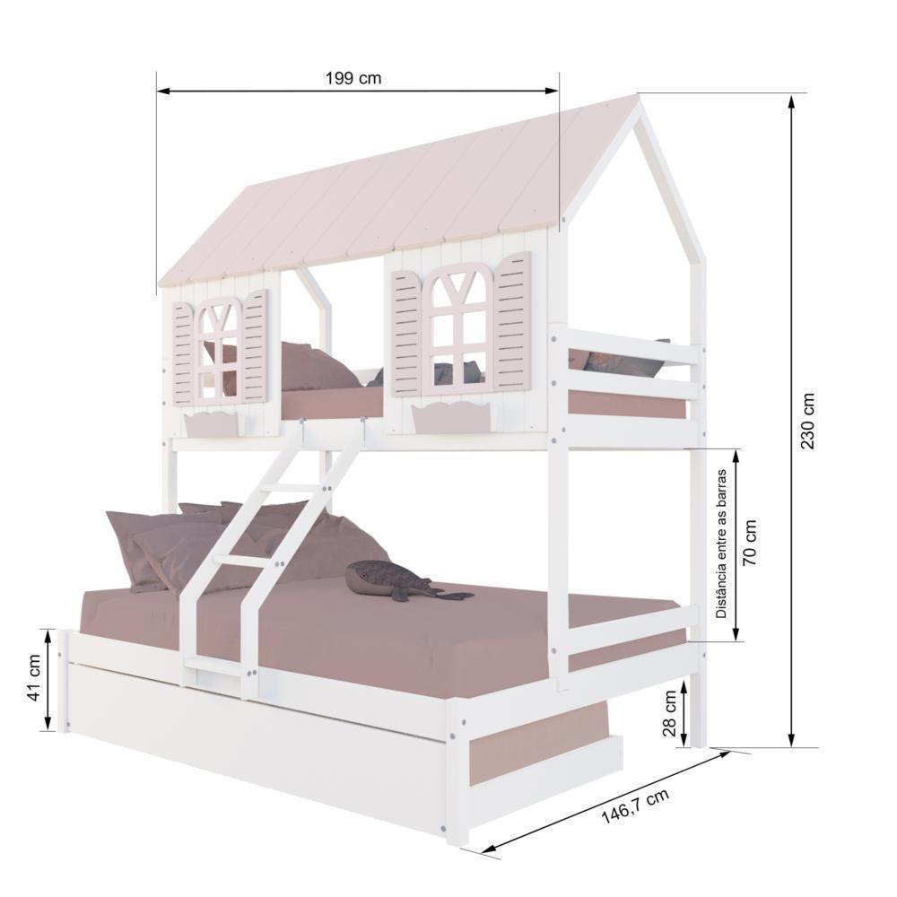Treliche Casal/ Solteiro Casinha Bela - Madeira Maciça Branco/rosa Housin - 3