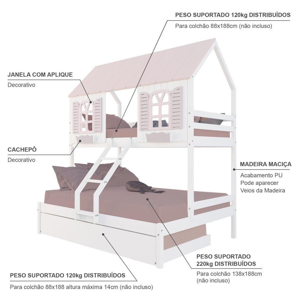 Treliche Casal/ Solteiro Casinha Bela - Madeira Maciça Branco/rosa Housin - 4