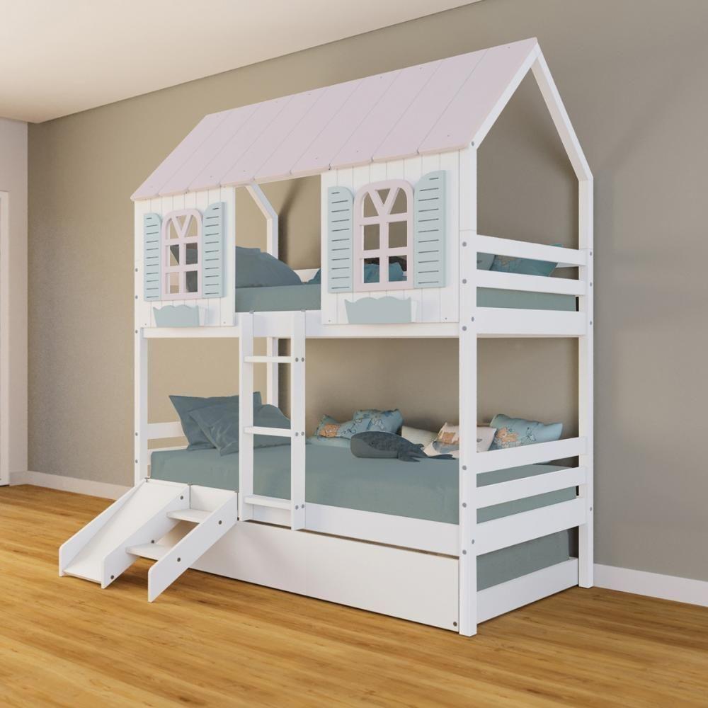 Treliche Casinha Bela Kit Escada/escorregador - Madeira Maciça Branco/rosa/verde Housin - 1