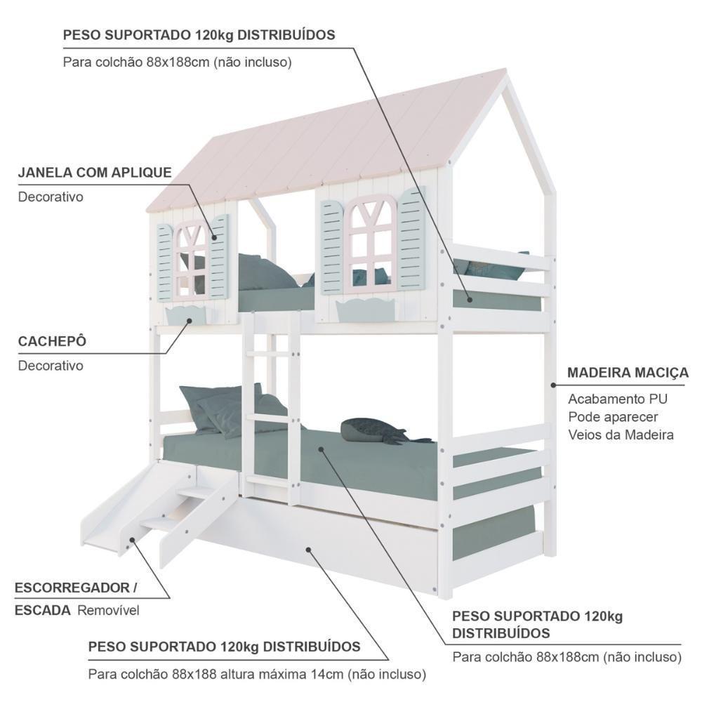 Treliche Casinha Bela Kit Escada/escorregador - Madeira Maciça Branco/rosa/verde Housin - 4