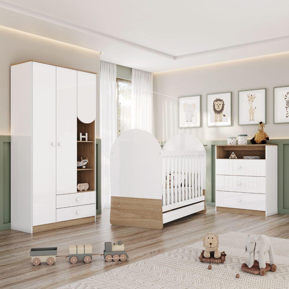 Dormitório Infantil Completo Berço Mini Cama 3x1 Para Quarto Bebê Magia Branco / Madeirado - 2