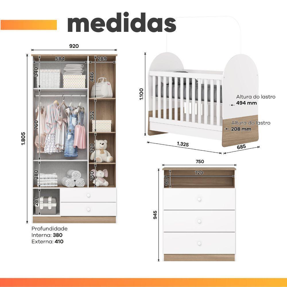 Dormitório Infantil Completo Berço Mini Cama 3x1 Para Quarto Bebê Magia Branco / Madeirado - 3
