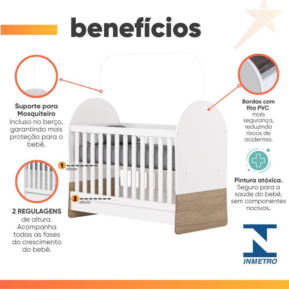 Dormitório Infantil Completo Berço Mini Cama 3x1 Para Quarto Bebê Magia Branco / Madeirado - 4