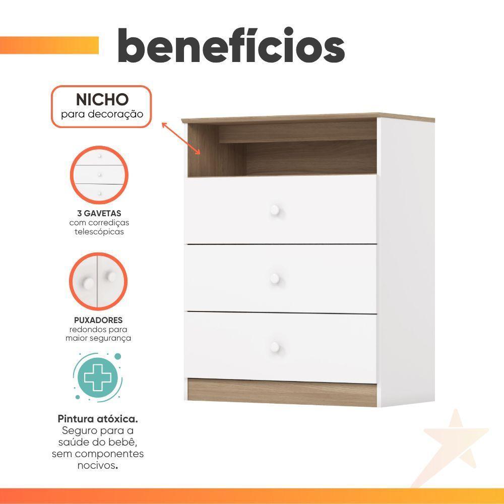 Dormitório Infantil Completo Berço Mini Cama 3x1 Para Quarto Bebê Magia Branco / Madeirado - 5