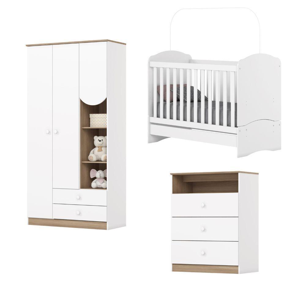 Dormitório Infantil Completo Berço Bala De Menta Para Quarto Bebê Magia Branco / Madeirado - 1