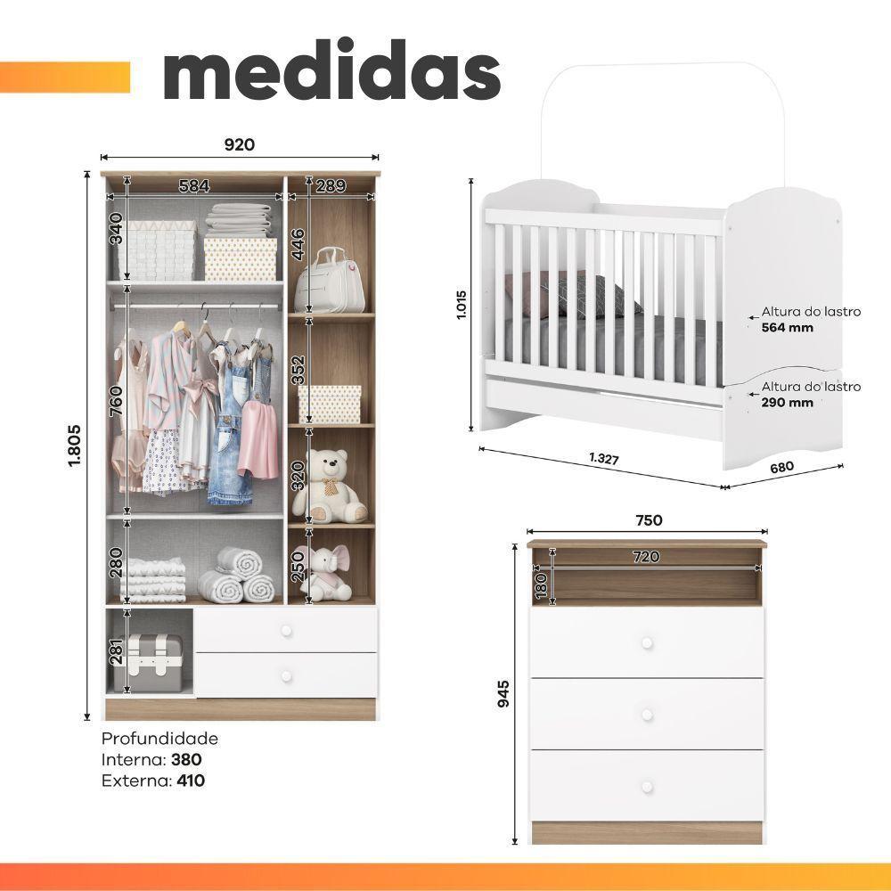 Dormitório Infantil Completo Berço Bala De Menta Para Quarto Bebê Magia Branco / Madeirado - 2