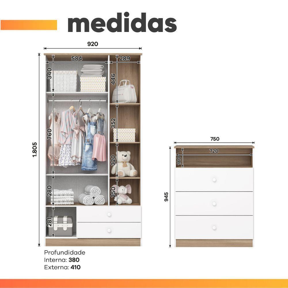 Conjunto Infantil Para Quarto Bebê Magia Henn Branco / Madeirado - 3