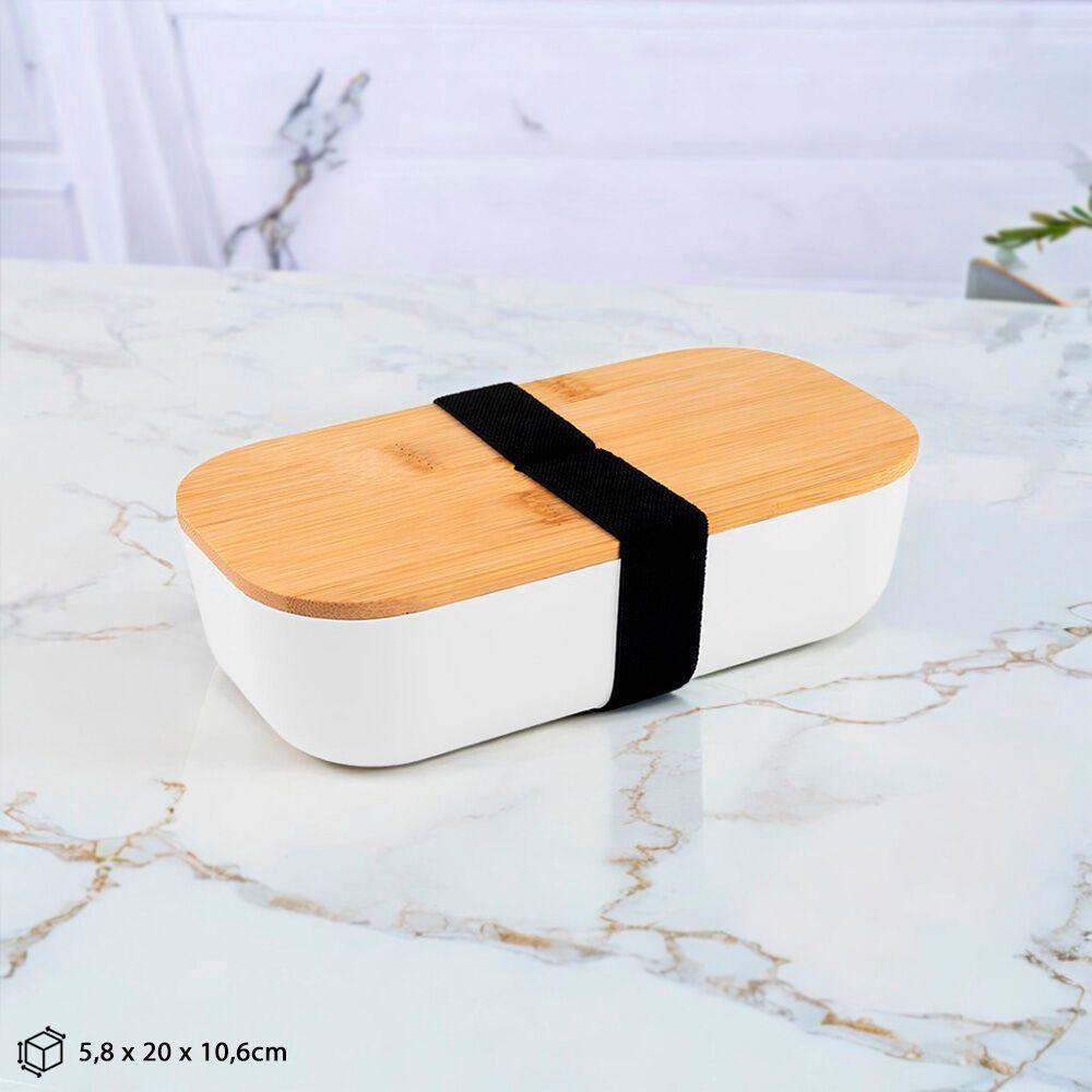 Lancheira Térmica Plástica 700ml Com Elegante Tampa De Bambu E Fecho Seguro - Branca - 2