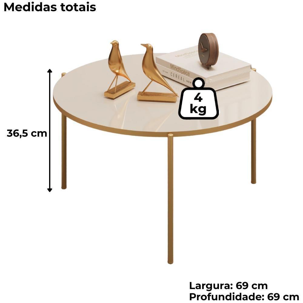 Mesa De Centro Redonda 69 Cm Cleia Off White Dourado Dj Moveis - 3
