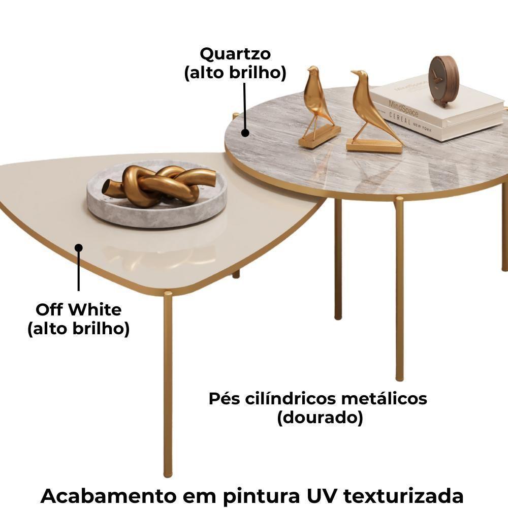 Kit 2 Mesas Centro Lina Cleia Pés Metal Off White Quartzo Dj Moveis - 2