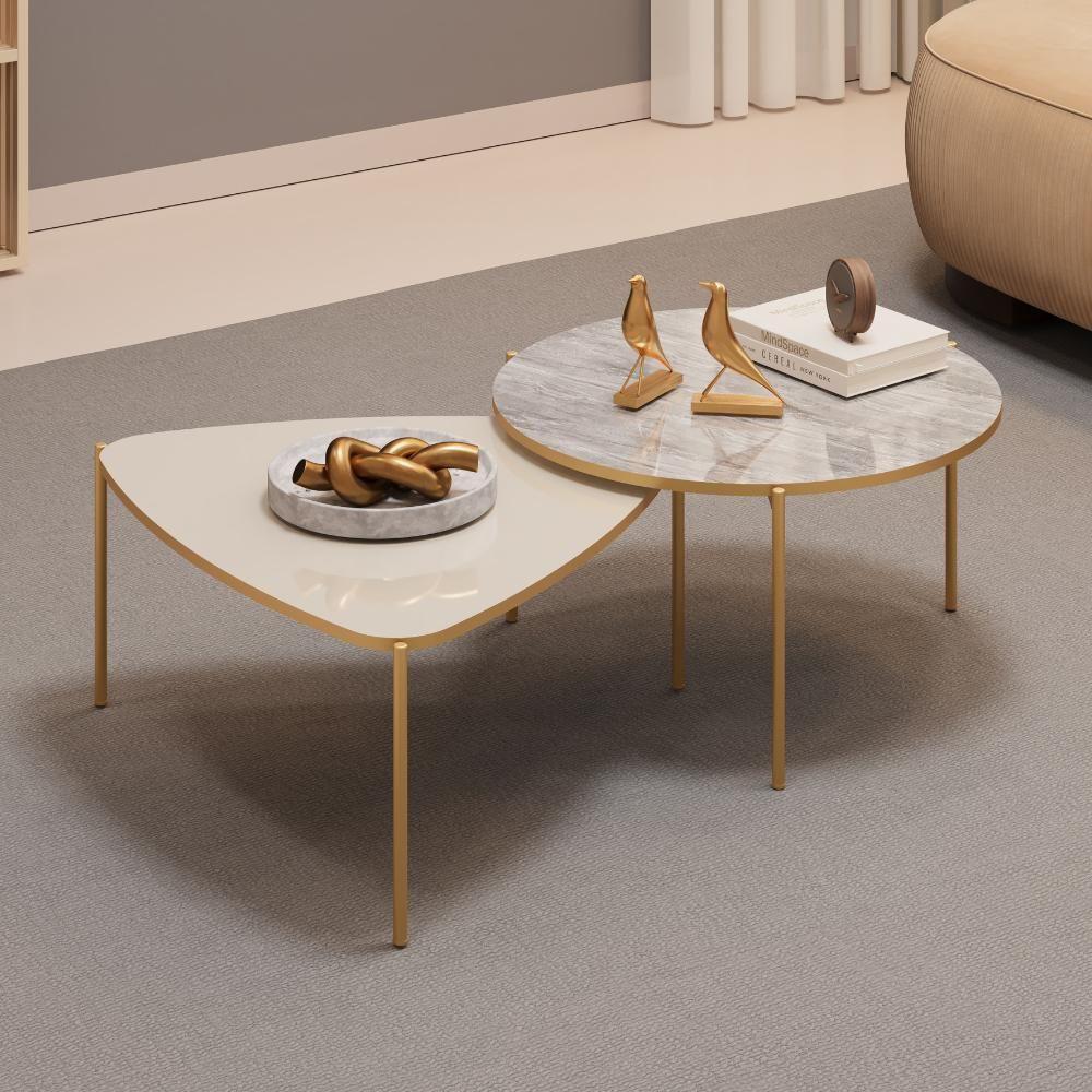 Kit 2 Mesas Centro Lina Cleia Pés Metal Off White Quartzo Dj Moveis - 3