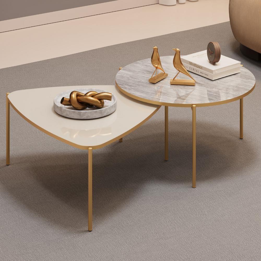 Kit 2 Mesas Centro Lina Cleia Pés Metal Off White Quartzo Dj Moveis - 4