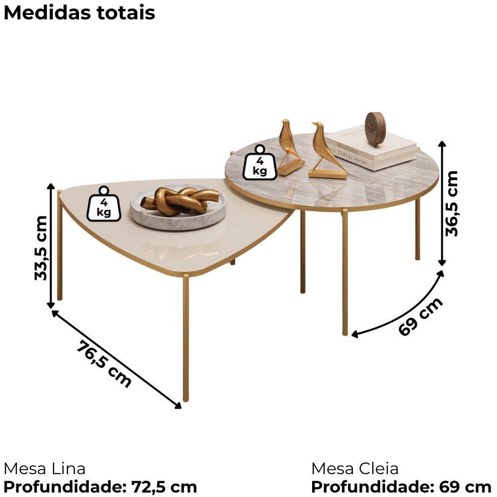 Kit 2 Mesas Centro Lina Cleia Pés Metal Off White Quartzo Dj Moveis - 5