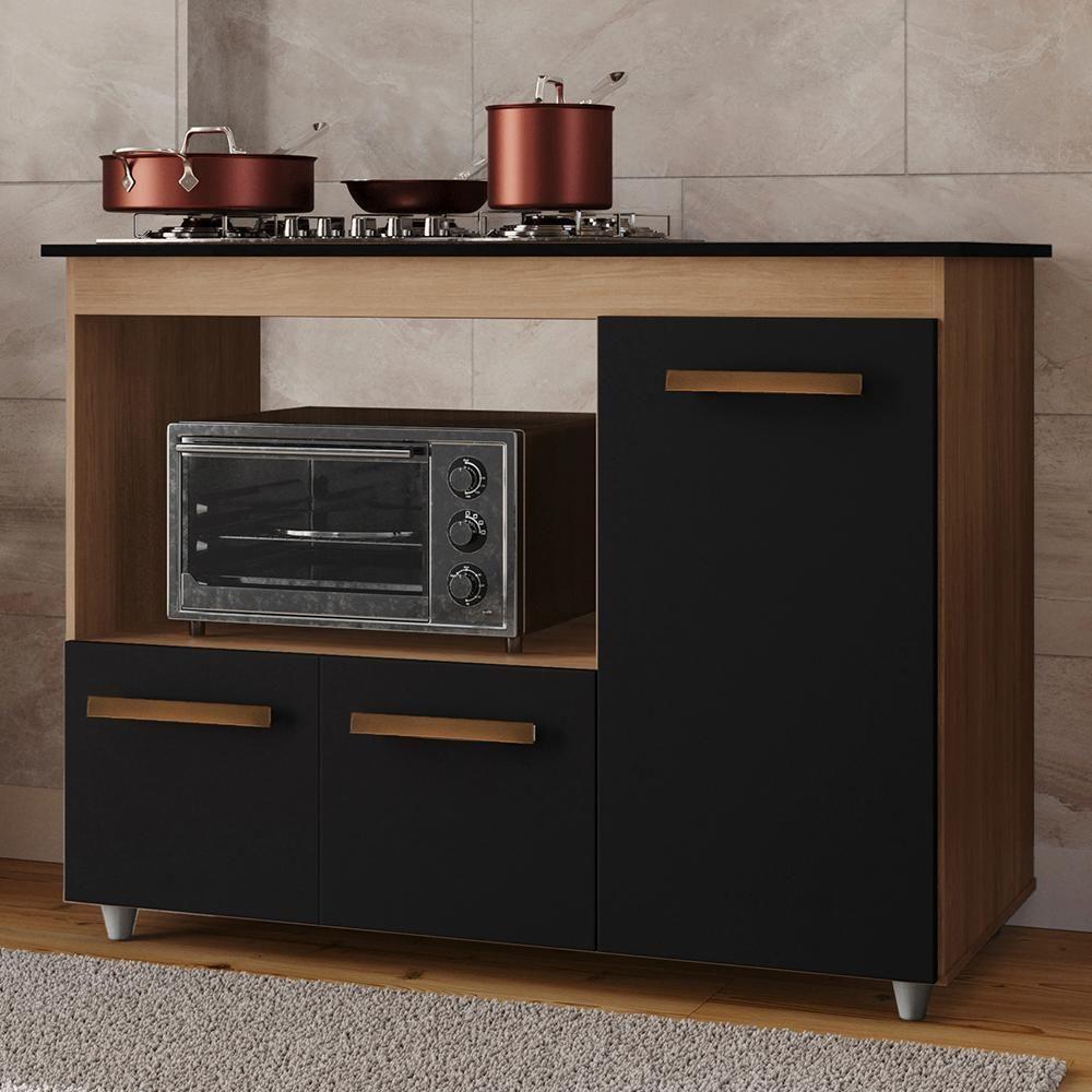 Balcão Para Cooktop 4 Bocas 3 Portas 114 Cm Ana Savana Preto Mobbs Savana Preto - 2