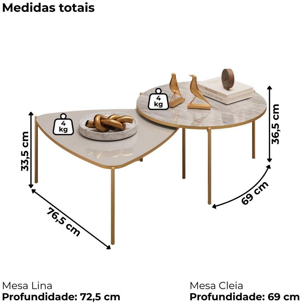 Kit 2 Mesas Centro Lina Cleia Pés Metal Bali Quartzo Dj Moveis - 3