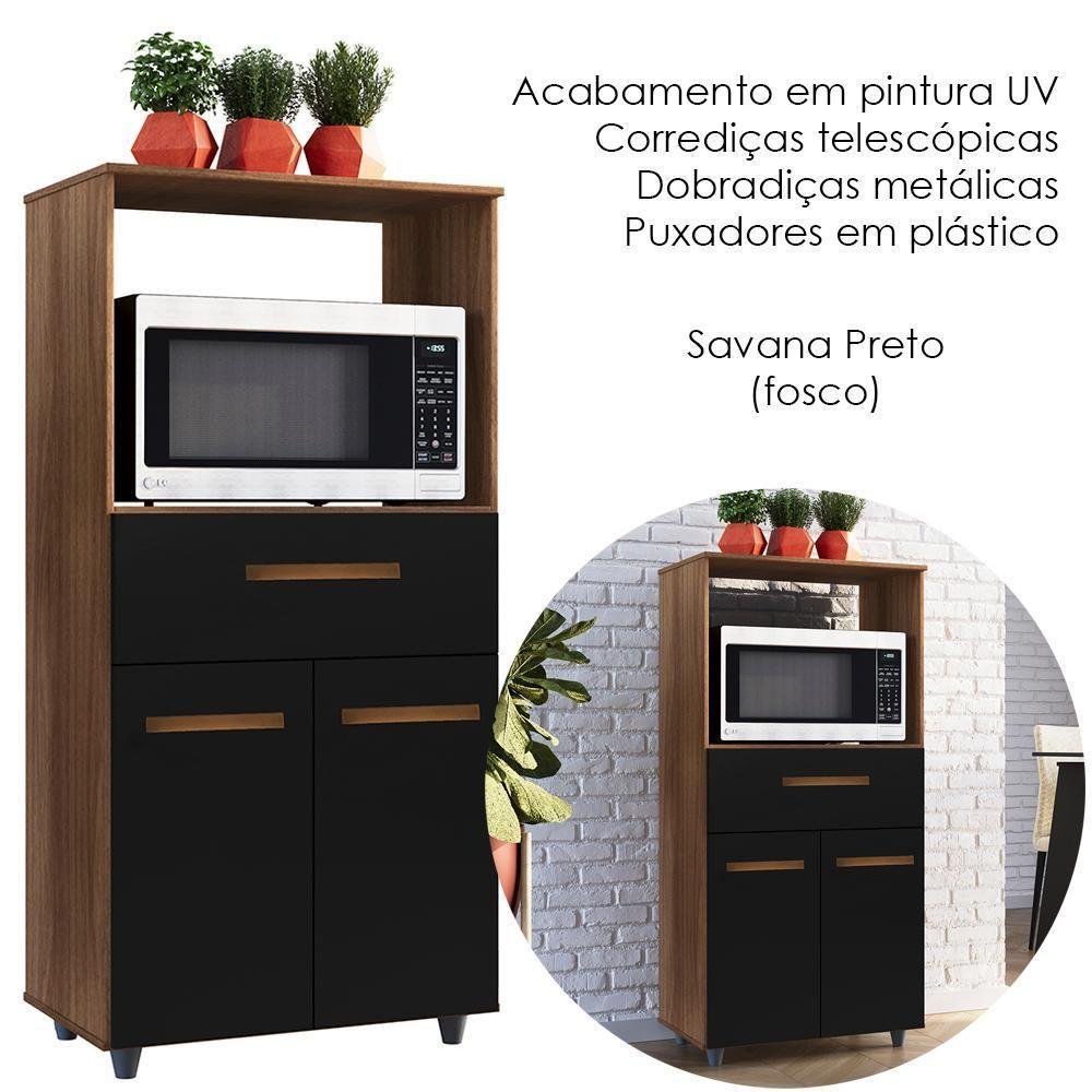 Balcão Multiuso Forno 2 Portas 1 Gaveta 60 Cm Luna Savana Preto Mobbs - 3