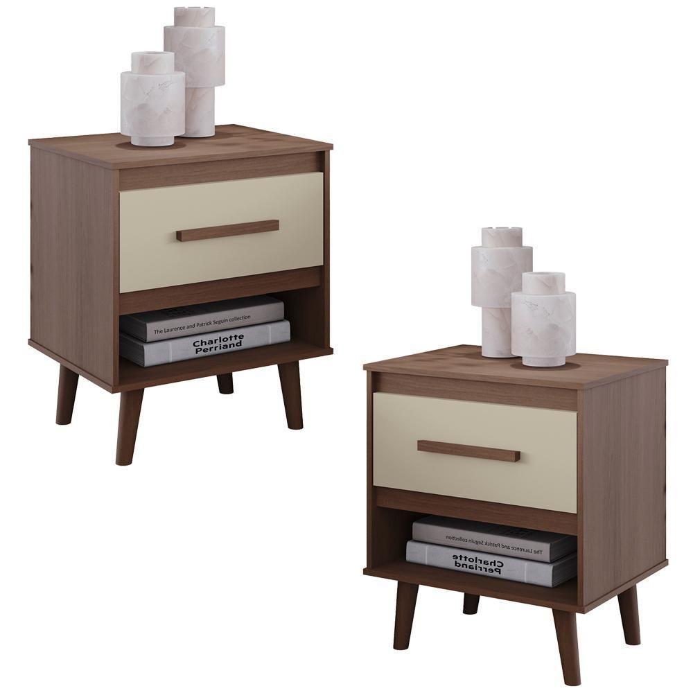 Kit 02 Mesas De Cabeceira 1 Gaveta 50 Cm Mila Savana Off White Mobbs - 1