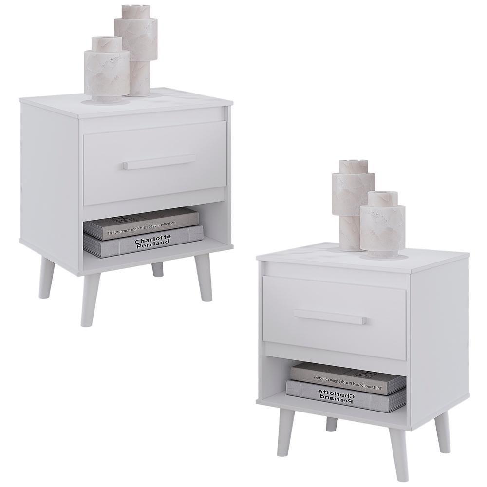 Kit 02 Mesas De Cabeceira 1 Gaveta 50 Cm Mila Branco Mobbs - 1
