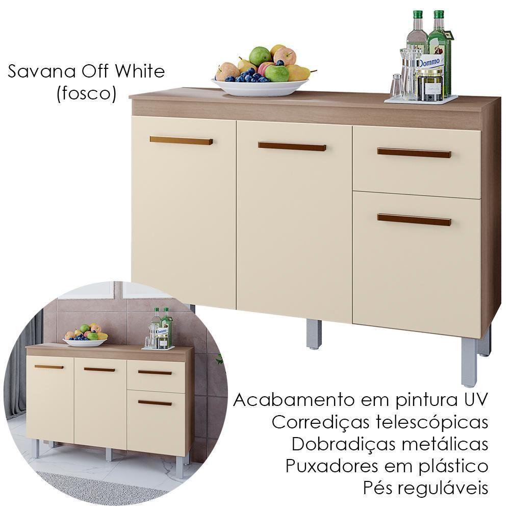 Balcão Com Tampo 3 Portas 1 Gaveta 120 Cm Vitoria Savana Off White Mobbs - 3