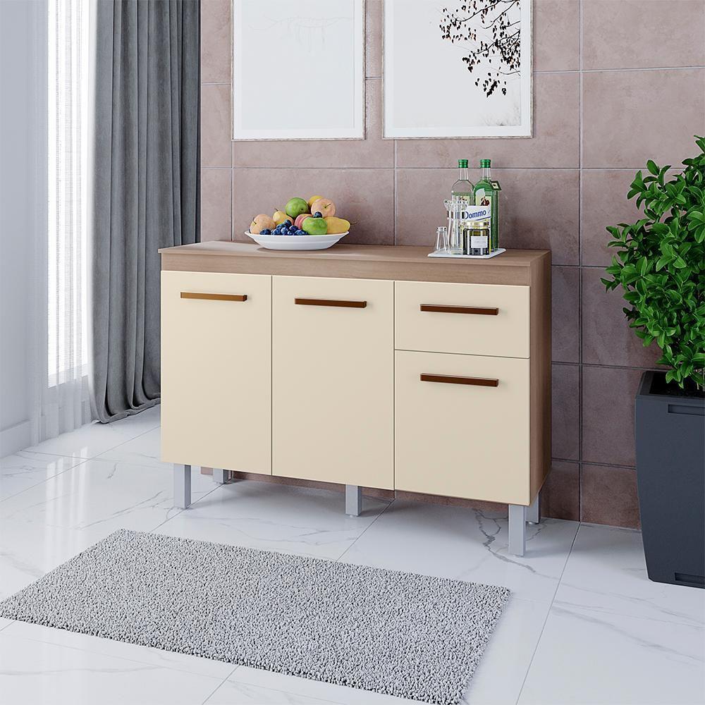 Balcão Com Tampo 3 Portas 1 Gaveta 120 Cm Vitoria Savana Off White Mobbs - 5