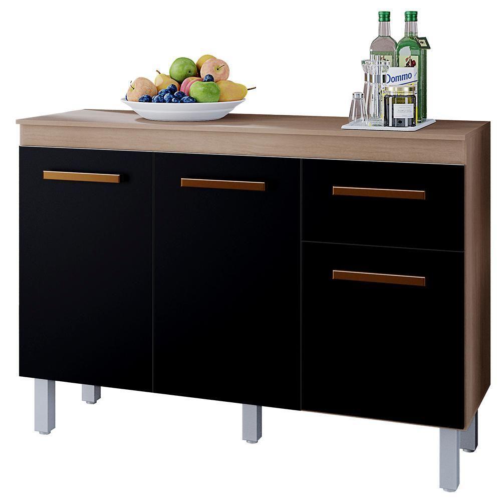 Balcão Com Tampo 3 Portas 1 Gaveta 120 Cm Vitoria Savana Preto Mobbs - 1