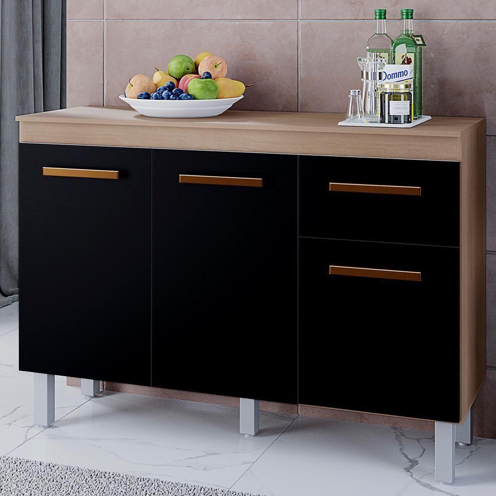 Balcão Com Tampo 3 Portas 1 Gaveta 120 Cm Vitoria Savana Preto Mobbs - 2