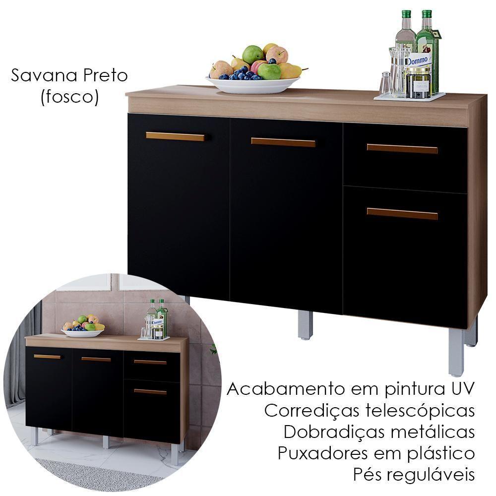 Balcão Com Tampo 3 Portas 1 Gaveta 120 Cm Vitoria Savana Preto Mobbs - 4