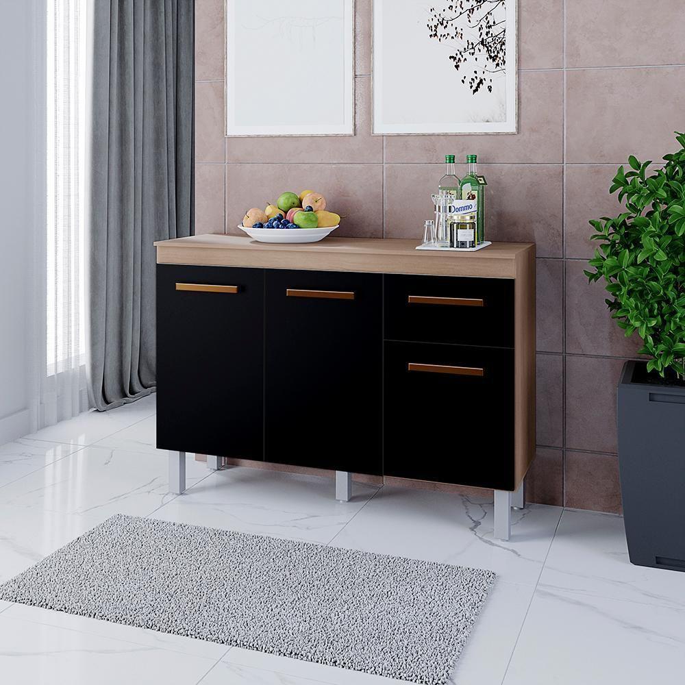 Balcão Com Tampo 3 Portas 1 Gaveta 120 Cm Vitoria Savana Preto Mobbs - 5