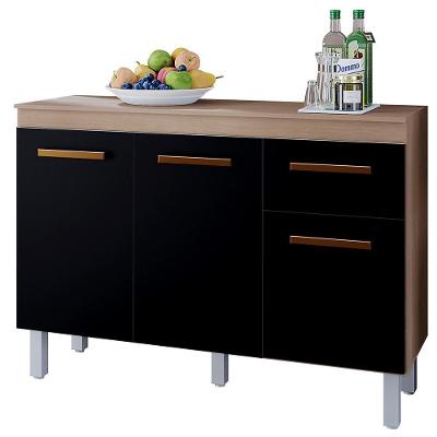 Balcão Com Tampo 3 Portas 1 Gaveta 120 Cm Vitoria Savana Preto Mobbs