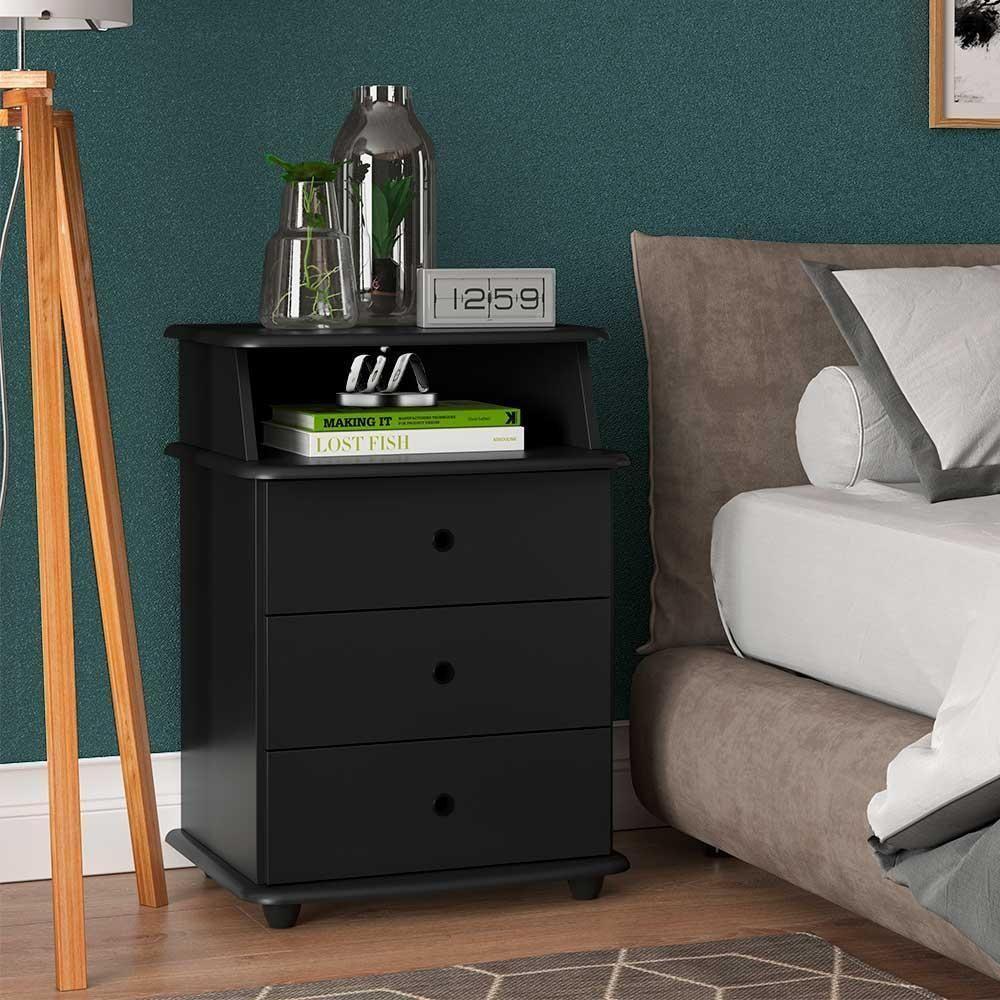 Mesa De Cabeceira 3 Gavetas Com Nicho Preta Para Quarto Preto - 1