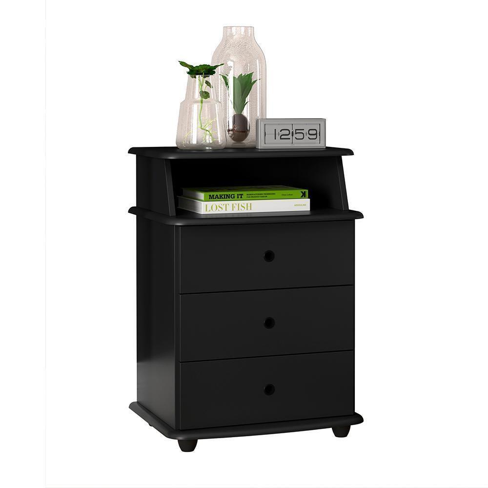 Mesa De Cabeceira 3 Gavetas Com Nicho Preta Para Quarto Preto - 2